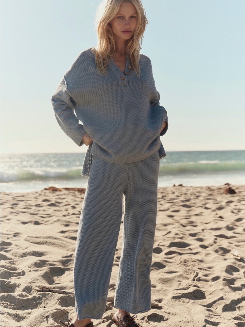 FREE PEOPLE XL blue oversized Hailee waffle knit sweater